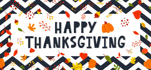 Obraz premium Hand drawn Happy Thanksgiving lettering typography poster. Celebration quotation for card, postcard, event icon logo or badge. Vector vintage autumn calligraphy. Grey Lettering with red maple leaves