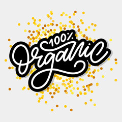 Organic brush lettering. Hand drawn word organic with green leaves. Label, logo template for organic products, healthy food markets.