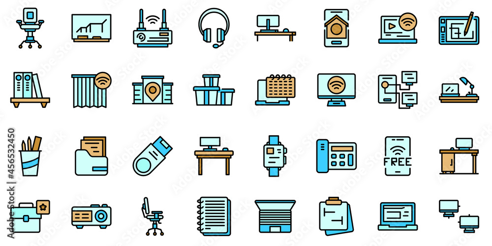 Poster smart office space icons set. outline set of smart office space vector icons thin line color flat is