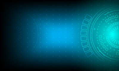 Blue board interface with redial line processor. Circle background technology and mother board innovation engineering graphic. Particle wallpaper and blank space for design.