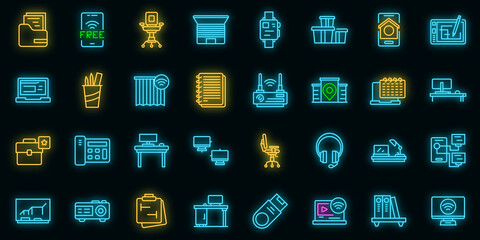 Smart office space icons set. Outline set of smart office space vector icons neon color on black