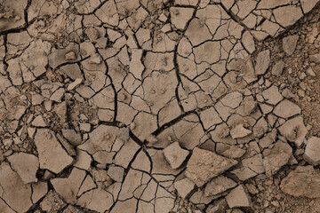 Dry textured ground surface as background, top view. Thirsty soil