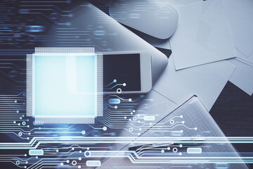 Multi exposure of technology theme drawing over work table desktop. Top view. Global data analysis concept.