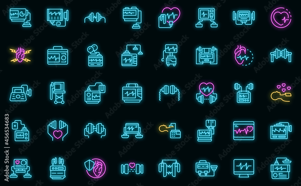 Aufkleber defibrillator icons set. outline set of defibrillator vector icons neon color on black