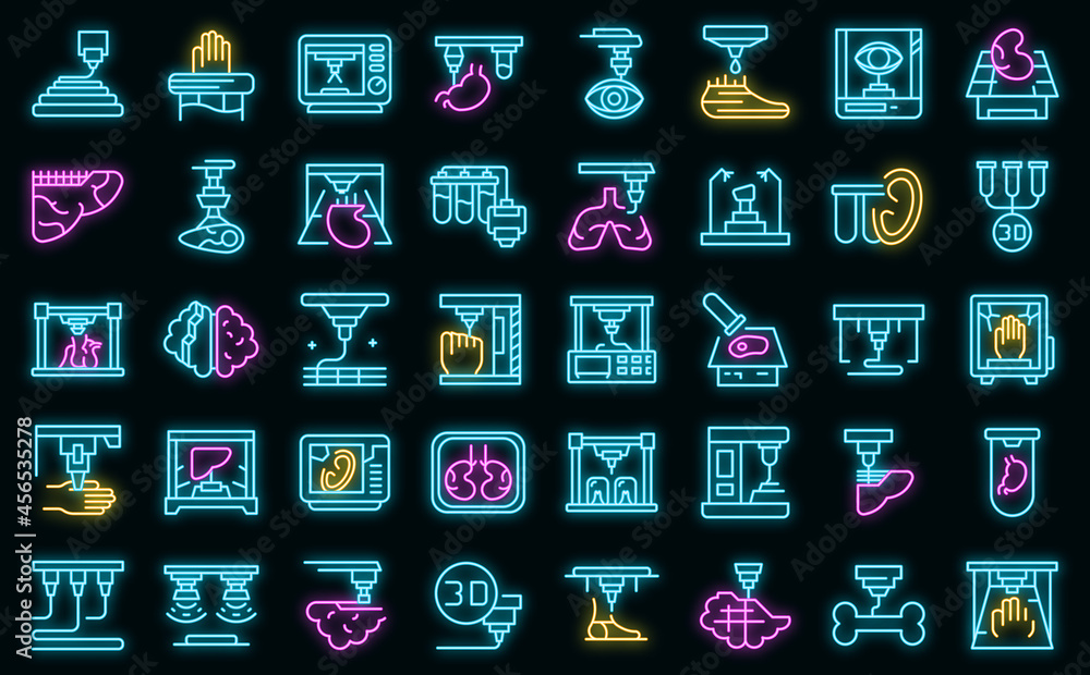 Poster bioprinting icons set. outline set of bioprinting vector icons neon color on black