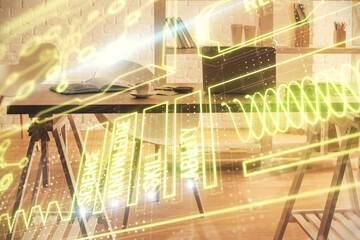 Double exposure of education theme drawing and office interior background. Concept of science.