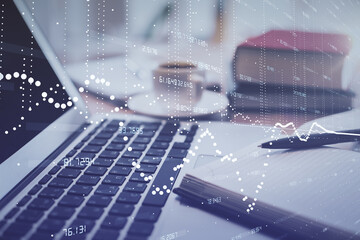 Double exposure of technology theme drawing and desktop with coffee and items on table background. Concept of data research.