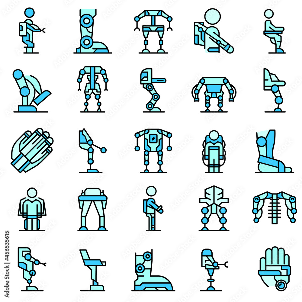Poster exoskeleton icons set outline vector. artificial cyber body. bionics future color flat
