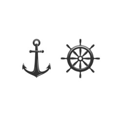 Nautical black helm and anchor isolated on white. Ship and boat steering wheel sign. Rudder label. © Ne Mariya