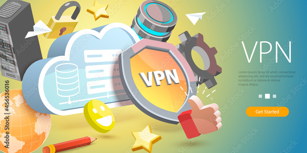Poster 3d vector conceptual illustration of vpn - virtual private network, secure network connection and pr