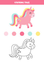 Color cute cartoon unicorn. Worksheet for kids.