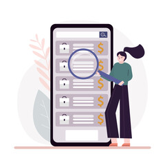 Female employeе with magnifying glass search for job. Searching work through website. Looking for advertisement in mobile phone application