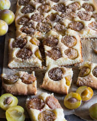 Pieces of plum cake on baking paper with plums around, selective focus