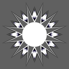 Stylized black-white sun on grey background. Decorative graphic design sign. Bright sun rays sunburst sunbeams as summer symbol. Vintage frame jpeg illustration