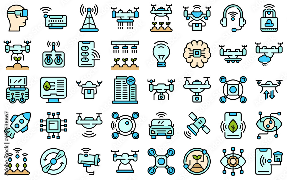 Poster drone technology icons set. outline set of drone technology vector icons thin line color flat isolat