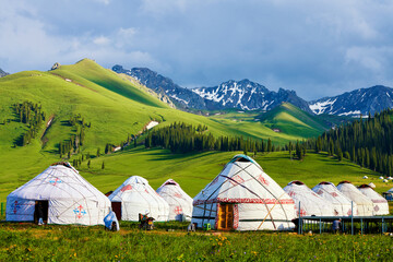 Mongolia yurts in the summer meadows in Nalati scenic spot, Xinjiang Uygur Autonomous Region, China.