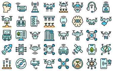 Drone technology icons set. Outline set of drone technology vector icons thin line color flat isolated on white