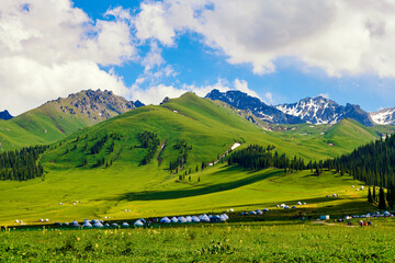 Mongolia yurts in the summer meadows in Nalati scenic spot, Xinjiang Uygur Autonomous Region, China.