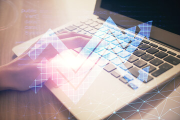 Double exposure of woman hands typing on computer and arrows drawing. Success concept.