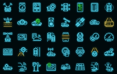 Autonomous car icons set. Outline set of autonomous car vector icons neon color on black