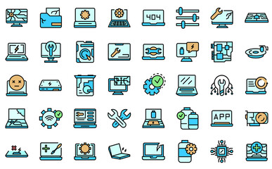 Laptop repair icons set. Outline set of laptop repair vector icons thin line color flat isolated on white