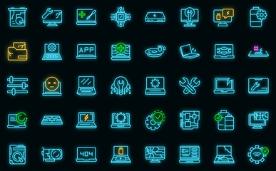 Laptop repair icons set. Outline set of laptop repair vector icons neon color on black