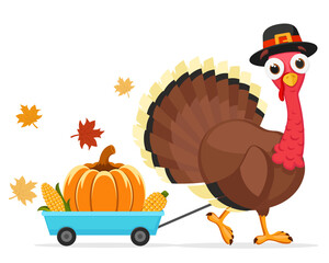 Turkey bird in a hat drags a cart with pumpkin and corn on a white background. Thanksgiving Day.