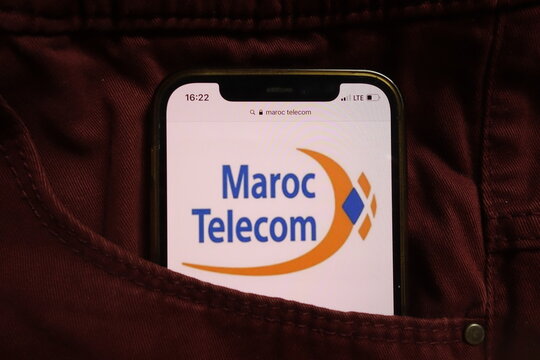 KONSKIE, POLAND - September 04, 2021: Maroc Telecom company logo on mobile phone hidden in jeans pocket