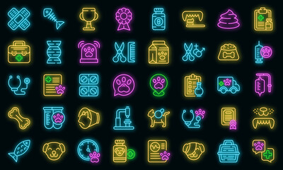 Veterinary clinic icons set. Outline set of veterinary clinic vector icons neon color on black