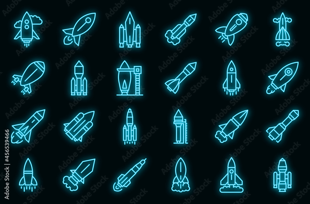 Aufkleber spacecraft launch icons set. outline set of spacecraft launch vector icons neon color on black