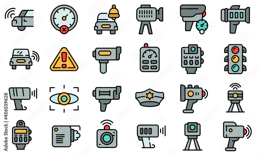 Poster speed radar icons set. outline set of speed radar vector icons thin line color flat isolated on whit
