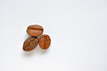 Three coffee beans close-up on the surface