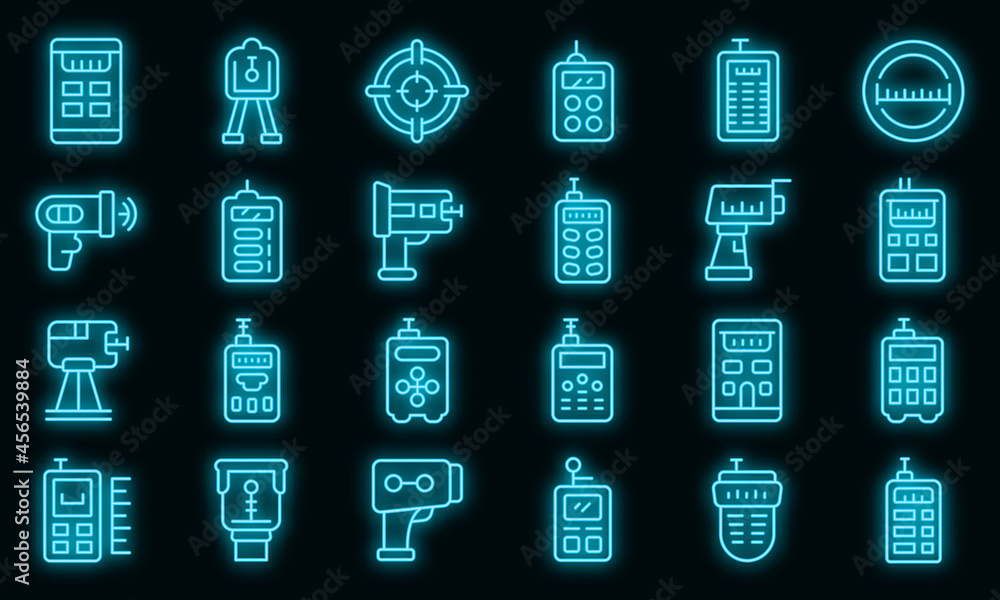Poster laser meter icons set. outline set of laser meter vector icons neon color on black