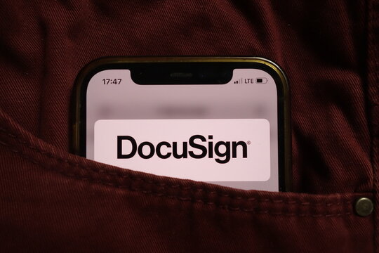 KONSKIE, POLAND - September 04, 2021: DocuSign Inc logo on mobile phone hidden in jeans pocket