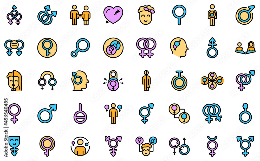 Poster gender identity icons set. outline set of gender identity vector icons thin line color flat isolated