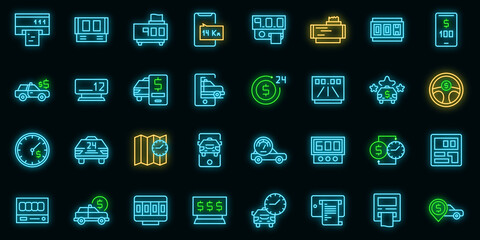 Taximeter icons set. Outline set of taximeter vector icons neon color on black