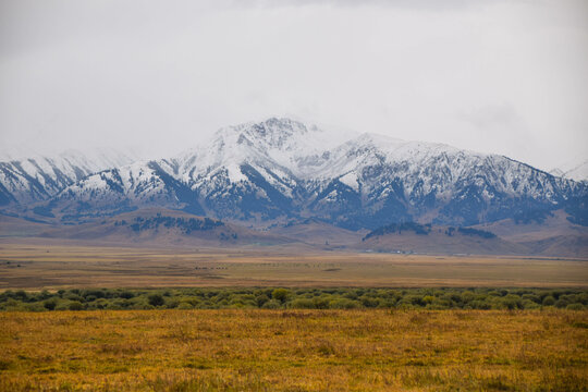 Kazakh steppe with the Pamir mountains in the background