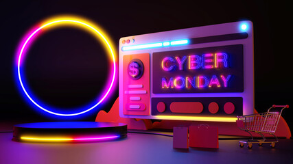 Cyber monday Neon light glow online shopping. 3d rendering