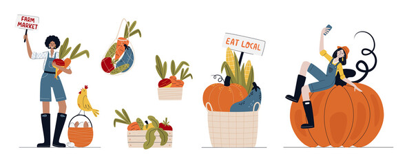 Fototapeta premium Farm Market, Harvest festival or Eat Local concept. Set of farmer women in modern style with vegetables. Buy fresh organic products from the local farmer’s market. Cartoon vector illustration