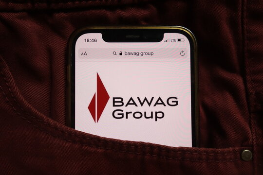 KONSKIE, POLAND - September 04, 2021: BAWAG Group logo on mobile phone hidden in jeans pocket