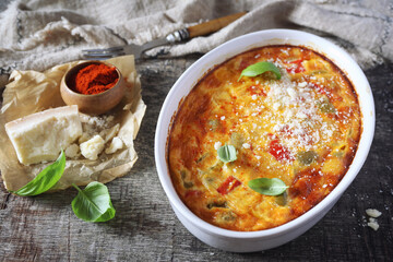Tricolor bell pepper clafoutis (or gratin) with Parmesan  cheese