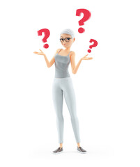 3d senior woman with several questions