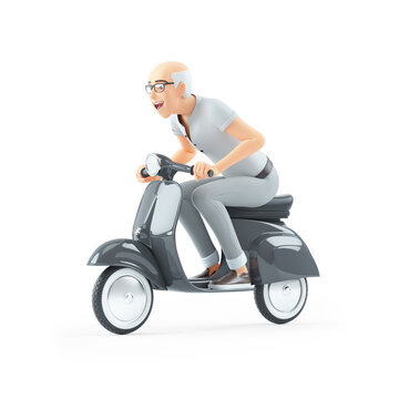 3d senior man riding a scooter