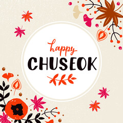 Fototapeta na wymiar Happy Chuseok handwritten text (Korean Harvest Festival, thanksgiving day). Hand lettering, modern brush calligraphy with doodle style drawing elements: leaves, persimmon, berries for poster, card