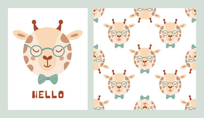Set cute poster and seamless pattern with giraffe face wearing glasses and bow tie and lettering Hello. Collection with animal in flat style for children clothing, textiles. Vector Illustration