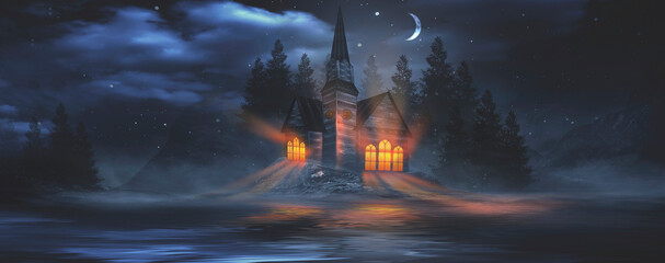 Paysage fantastique de nuit avec montagnes abstraites et île sur l& 39 eau, maison en bois sur le rivage, église, clair de lune, brouillard, lampe de nuit. 3D