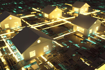 Houses with digital Connections (3D-Rendering)