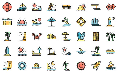Seaside icons set. Outline set of seaside vector icons thin line color flat isolated on white