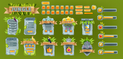 Jungle stone UI game set, user interface rock button kit, window menu panel, energy health bar. Mobile app frame collection, winner badge, login template, tropical leaf, maya gold. UI game 2D assets