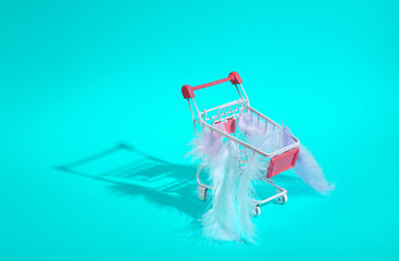 Mini shopping cart with feathers on a turquoise background. Minimal layout